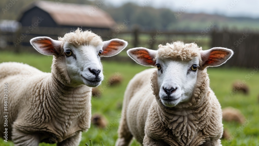 Fototapeta premium A pair of young lambs turning their heads to face the camera