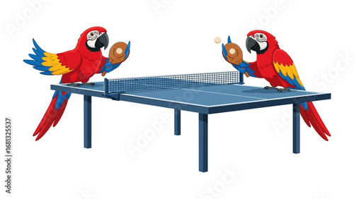 Parrots Play Table Tennis: Two vibrant parrots engage in a playful table tennis match. The animated scene features a blue table, showcasing the birds' skillful athleticism and joyful recreation.