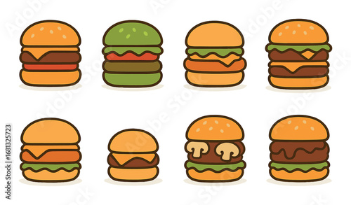 Collection of eight cartoon burgers with varied toppings on orange background