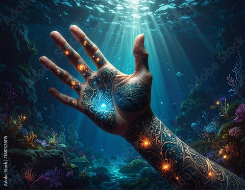 Hand reaches towards sunlight filtering through ocean water, adorned with glowing bioluminescent patterns, creating a magical and ethereal underwater scene.