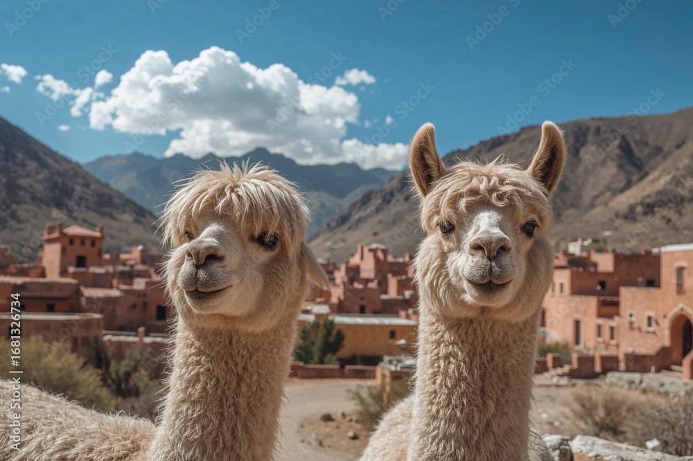 Obraz premium A pair of llamas roaming an urban area