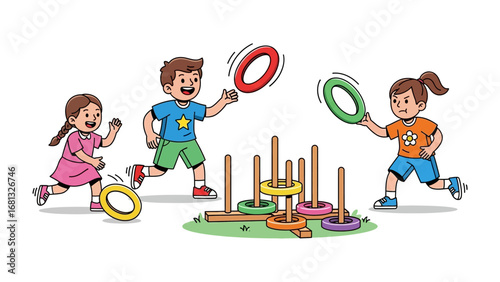Joyful Ring Toss: A vibrant illustration depicts three cheerful children engaged in a spirited game of ring toss. It captures the essence of outdoor fun, skill development.