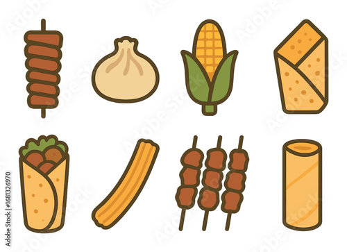 Variety of popular snacks including dumpling, corn, kebab, and wraps