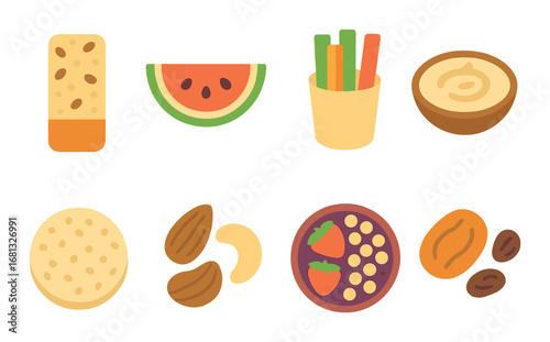 Colorful food icons featuring snacks fruits and dips on brown background