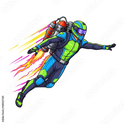 Soaring Ambition: A fearless individual takes flight, equipped with a cutting-edge jetpack, against a backdrop of limitless potential and high-flying innovation.