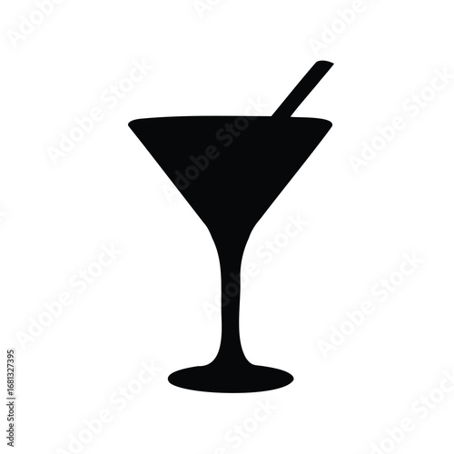 Black cocktail glass silhouette with straw - Simple black silhouette of a cocktail or martini glass with a straw, symbolizing drinks, bar, party, nightlife, and celebration.
