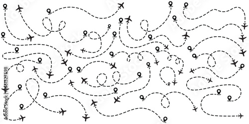 Airplane line path icon set. Vector illustration of air plane flight route with line trace on white background. map pins, location pins. Airplane routes. Travel icon.