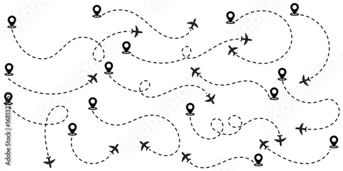 Airplane line path icon of air plane flight route with start point and dash dotted line trace. aircraft location tracking in a dotted path vector illustration.