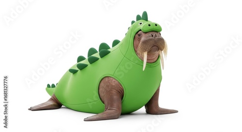 walrus dressed as a dinosaur, Halloween costume, prehistoric dino costume