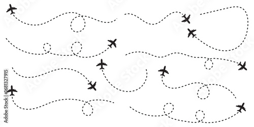 Airplane line path icon of air plane flight route with start point and dash dotted line trace. aircraft location tracking in a dotted path vector illustration.