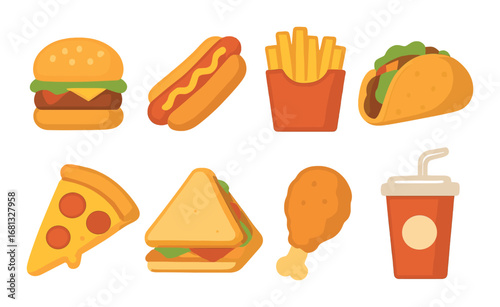 Colorful fast food icons: burger, hot dog, fries, taco, pizza, sandwich, chicken leg, drink