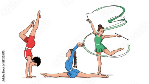 Gymnastics: Illustrative image of gymnasts in various poses demonstrating grace, strength, and flexibility, performing balance and artistry. 