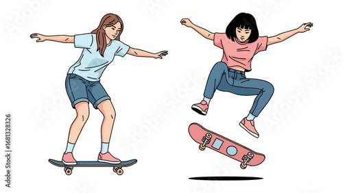 Skateboarding Sisters: Two youthful figures gracefully ride and leap atop skateboards, embodying the spirit of active, urban enjoyment.
