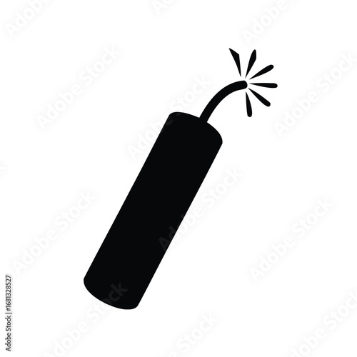 Dynamite Stick Silhouette Icon - Black silhouette icon of a single dynamite stick with a lit fuse. The simple design symbolizes danger, explosion, fireworks, or high energy, commonly used in warning s