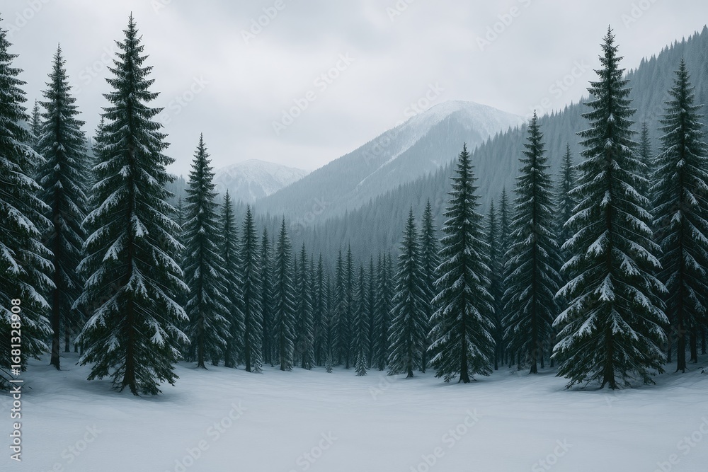 Fototapeta premium Dark trees covered in snow during winter