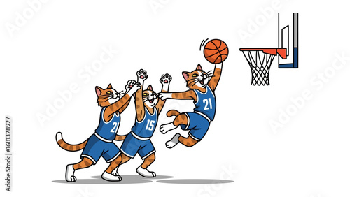Kitten basketball action: Animated kittens engaged in a spirited basketball game, showcasing dynamic movement and friendly competition in a vibrant illustration