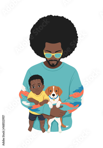 Modern dad with afro and sunglasses lovingly holds his baby and a cute beagle puppy