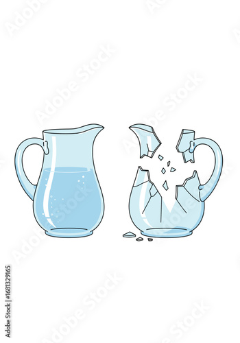 Fragile glass pitcher intact versus shattered, symbolizing risk, accidents, or loss