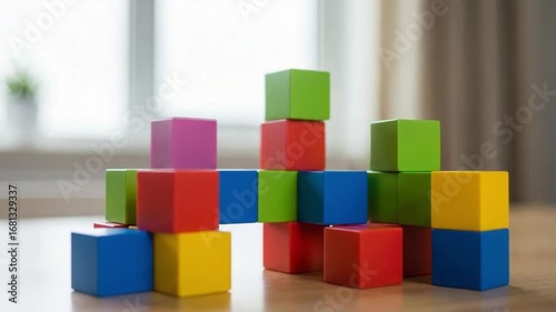 Building with Colorful Wooden Blocks on Tabletop Indoors