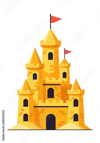 Majestic golden sandcastle with red flags flying high on a bright summer day