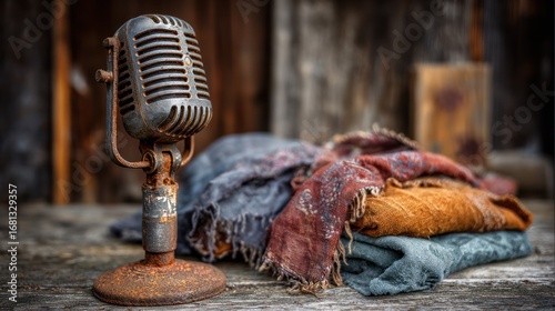 Vintage microphone and worn fabrics