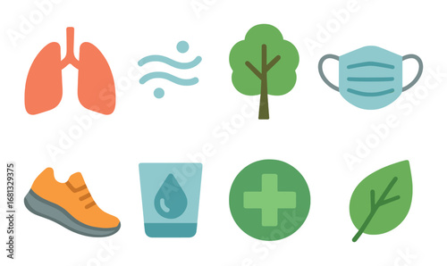 Bright illustrated environmental and health icons including lungs trees mask and water