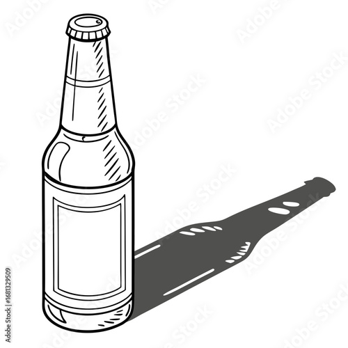 A black and white line drawing of a beer bottle with a blank label and a long shadow