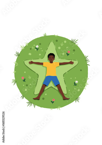 Young boy enjoys peaceful relaxation making a star shape on vibrant green grass with flowers
