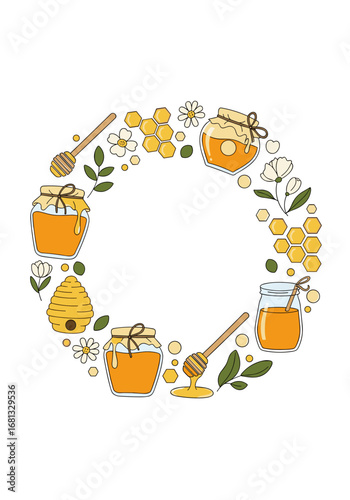 Sweet honey jars and honeycomb arranged in a charming decorative wreath, perfect for natural product branding