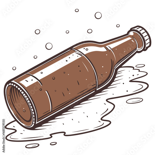 A brown glass bottle of beer tipped over on its side with liquid spilling out and bubbles floating around