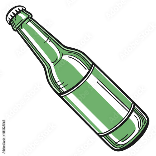 A hand drawn illustration of a green glass bottle with a white label and metal cap