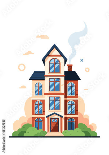 Charming townhouse with smoke from chimney evokes cozy home comfort and inviting atmosphere