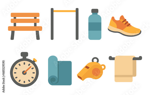 Fitness icons: bench, water bottle, stopwatch, towel, shoes, whistle