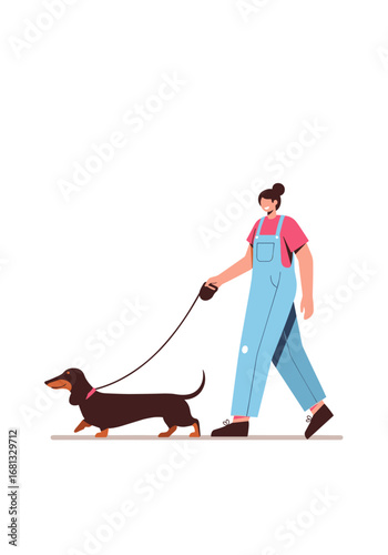 Joyful woman enjoys a brisk walk with her dachshund in a modern, clean setting