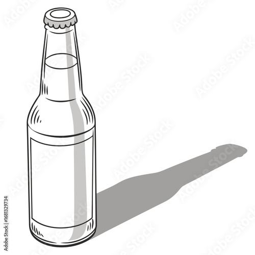 A simple line art drawing of a glass bottle with a blank label and a long shadow on a white background