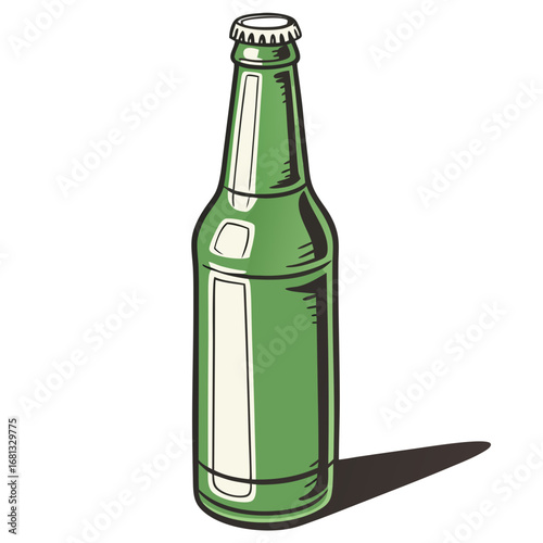 A single green glass bottle with a metal cap and blank label casting a shadow