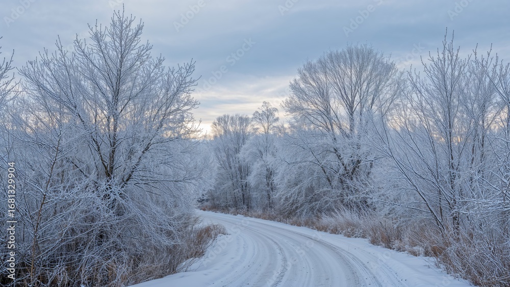 Obraz premium A peaceful snowy pathway surrounded by trees adorned with frost in winter.