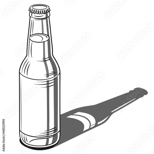 Classic glass beer bottle with a crimped cap casting a long shadow on a white background