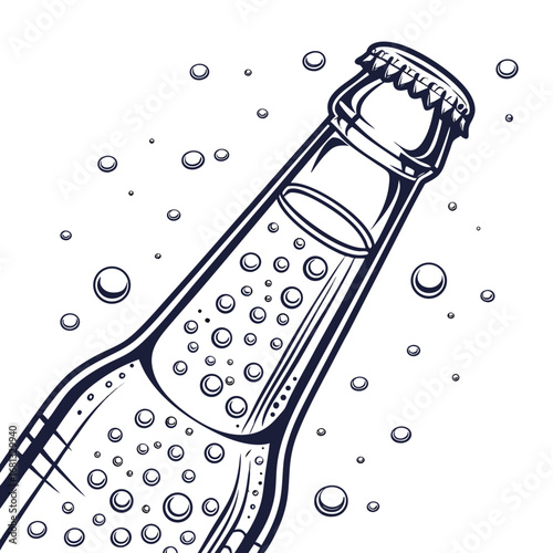 Close up of a cool refreshing beverage bottle with many bubbles rising in a stylized ink drawing