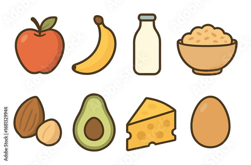 Healthy food icons: apple, banana, milk, cereal, nuts, avocado, cheese, egg