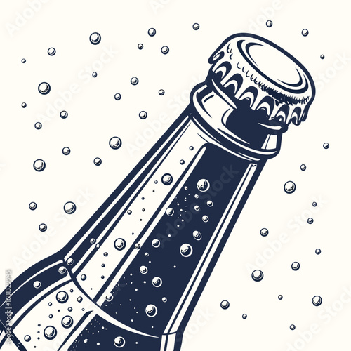 Close up detail of a dark blue glass bottle with a crimped cap and effervescent bubbles floating around it