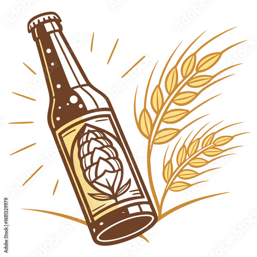 Craft beer bottle with hops and barley illustration symbolizing brewing ingredients and artisanal beverage