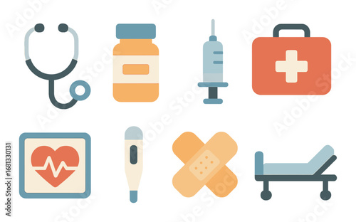 Medical icons set: stethoscope, medicine bottle, syringe, first aid kit, heart monitor, thermometer, bandages, hospital bed