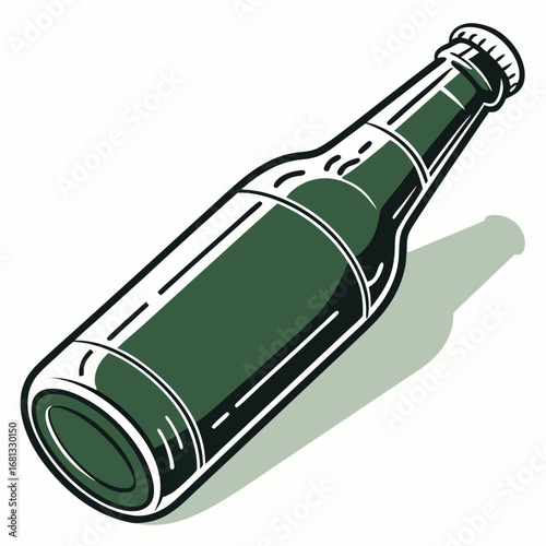 Green glass bottle with a blank label and a subtle shadow cast on a white background