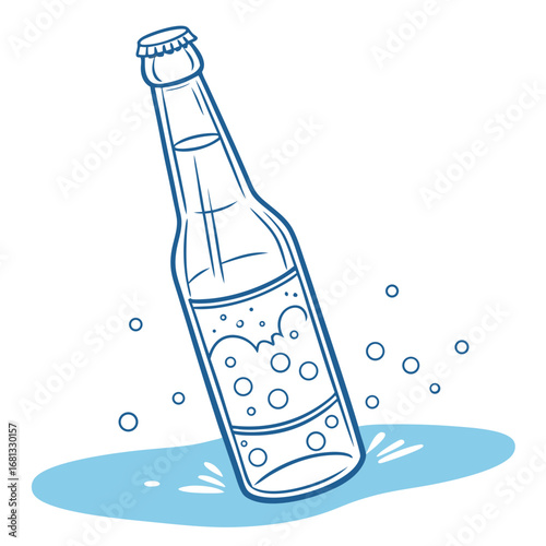Hand drawn illustration of a bubbly beverage bottle tipping over into a puddle of blue liquid