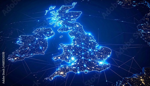 A digital representation of the United Kingdom, highlighting city lights and interconnectedness.  Networked map
