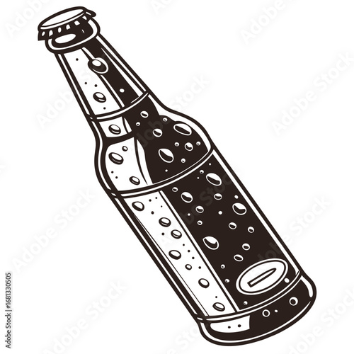 Stylized black and white illustration of a cold glass bottle filled with bubbly liquid and condensation
