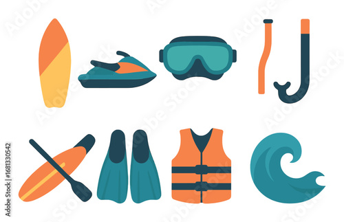 Colorful collection of surfing and water sports equipment icons in neon style