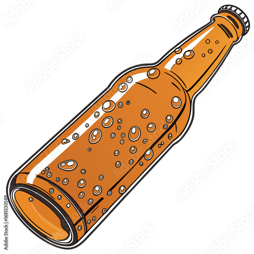 Refreshing orange soda bottle with condensation and bubbles isolated on white background
