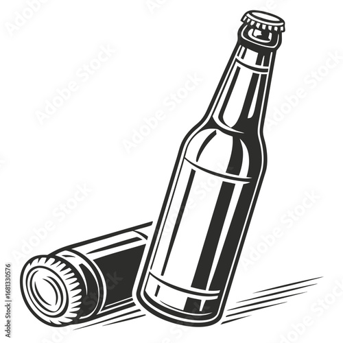 Stylized black and white illustration of two glass beer bottles with caps on a white background